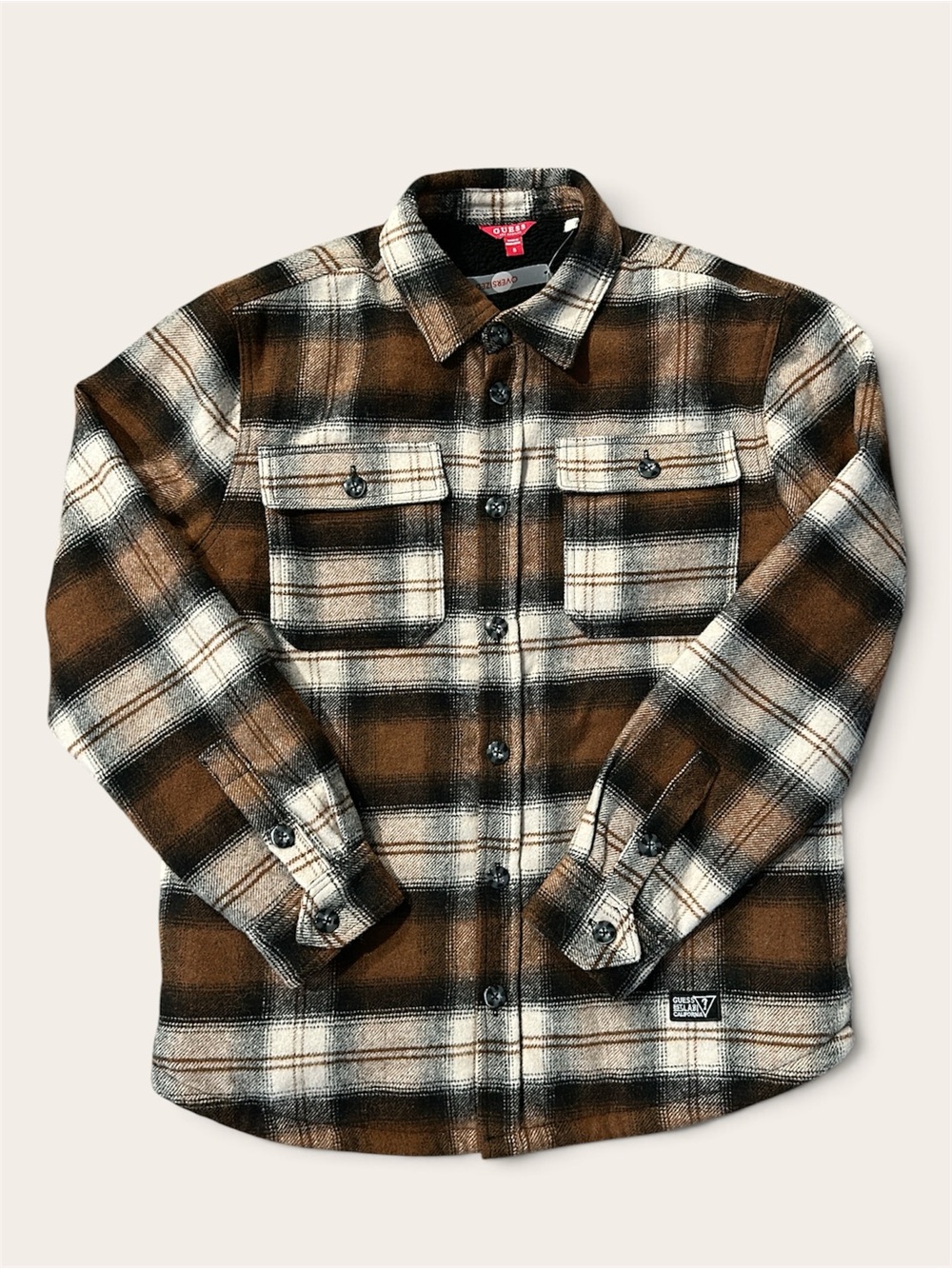 Brown & Cream Plaid Button-Up Jacket Shirt - Guess
